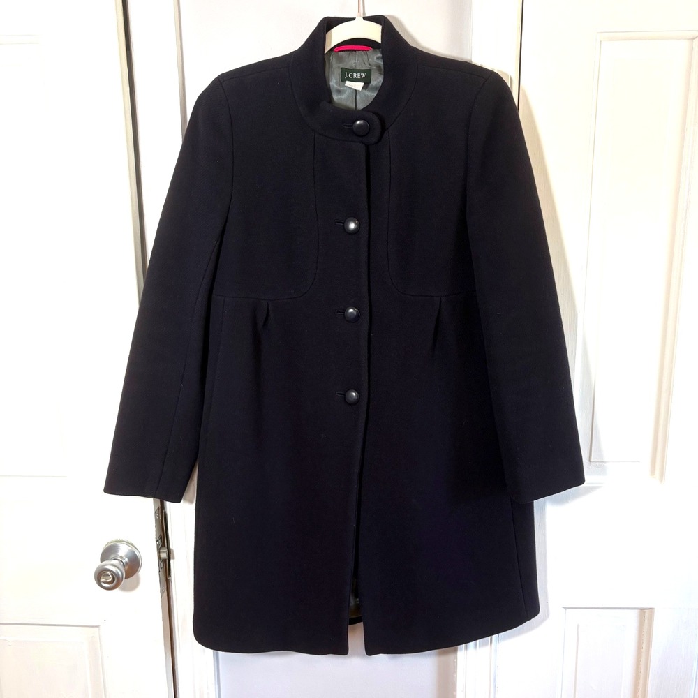 J Crew Womens 8 Navy Blue Stadium Cloth Coat Wool Blend Button Up Mid Length